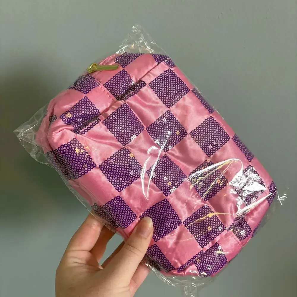 Pink and Purple Checkered Sequin Makeup Bag
